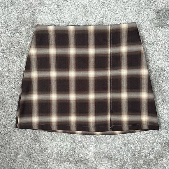 BP Nordstrom Brown Plaid Mini Skirt Size M Ombre Front Slit Academia Coquette - Picture 10 of 10